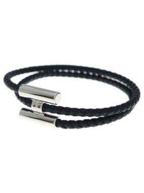 Hermes Tournis Tresse Logo Noir Black Leather Bracelet Silver